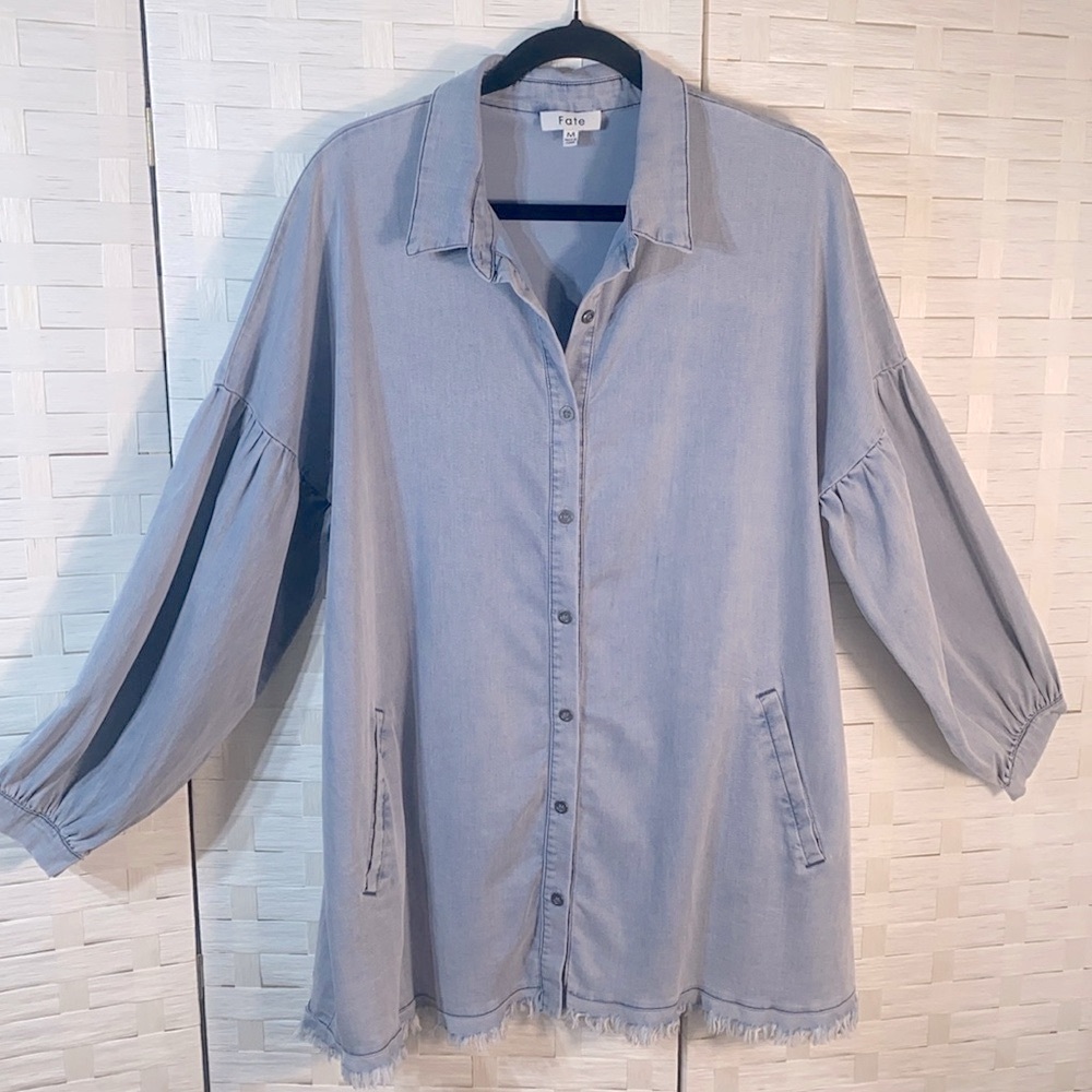 Fate Chambray Oversized Button‎ Down Balloon Drop Sleeve Top Size Medium